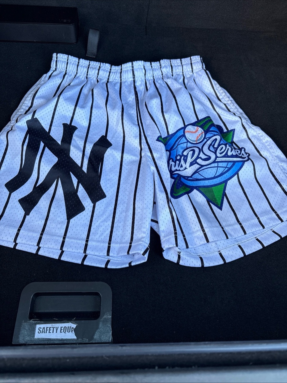 SHEIN White Pinstripe Athletic Shorts with Black Logo and Blue-Green Graphic